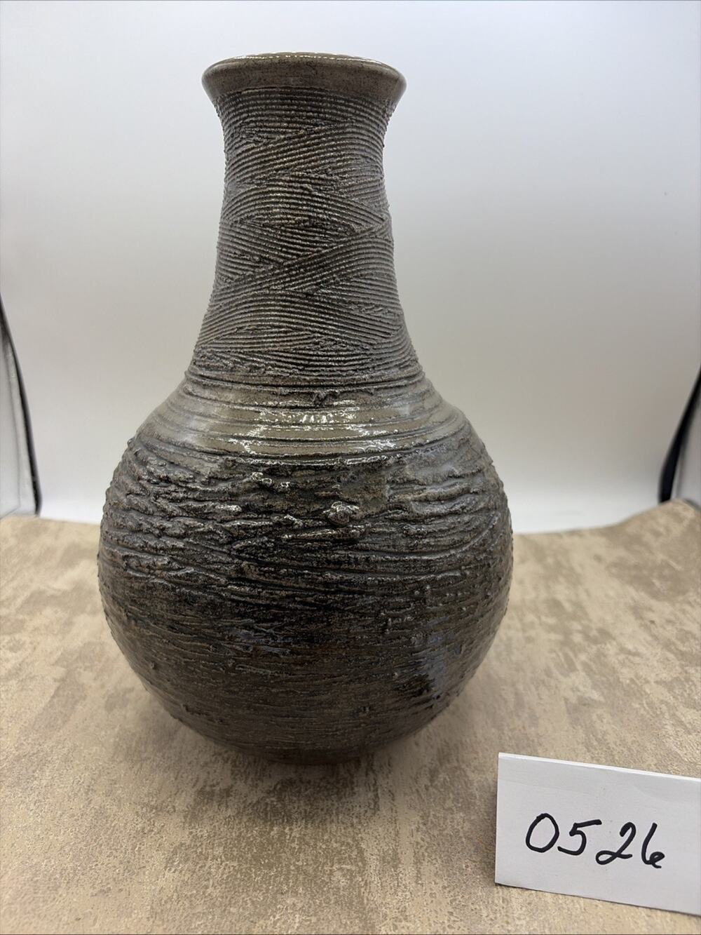 Handcrafted Studio Pottery case W/Metallic Grey Glaze & Textured Ribbed Signed